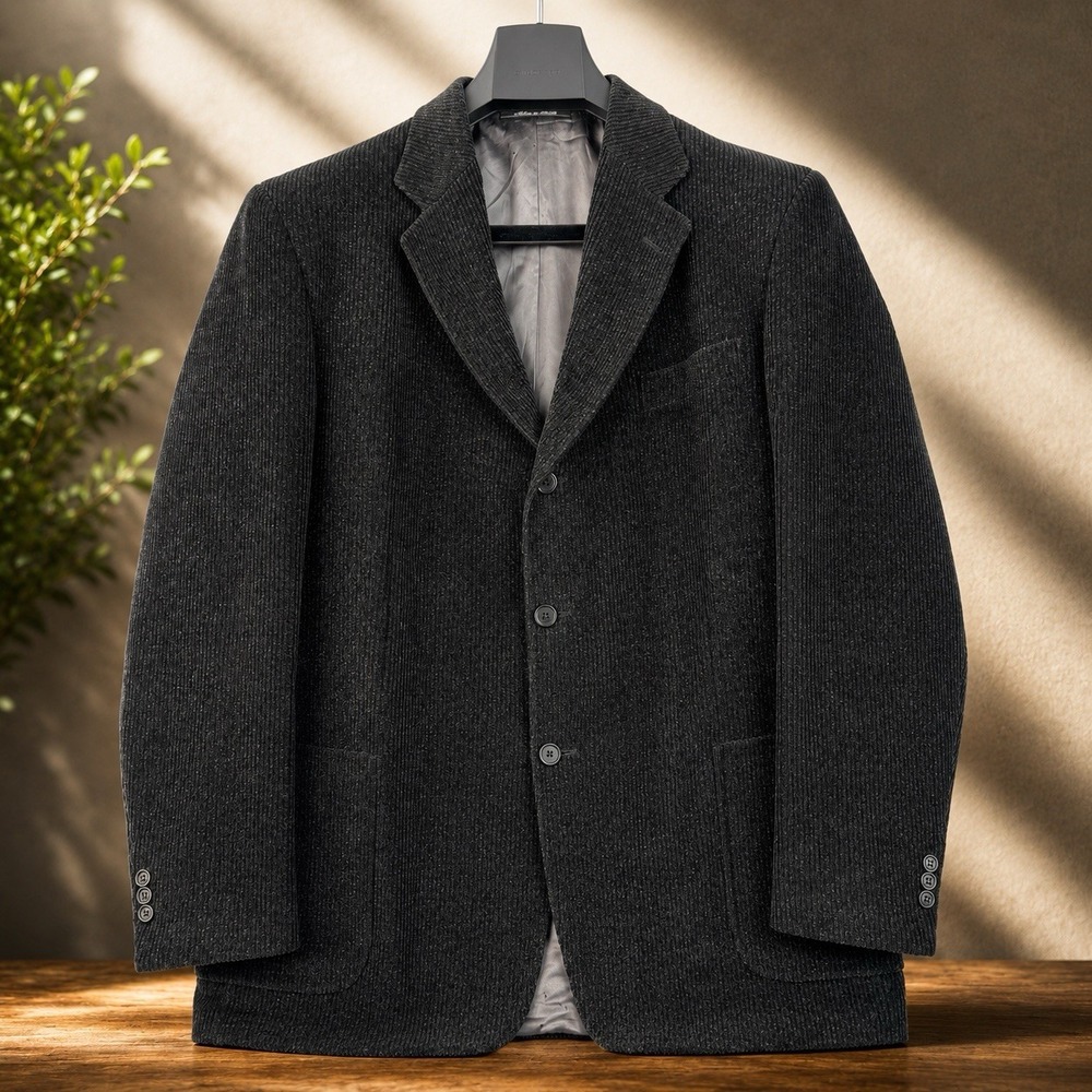 Saks Fifth Avenue Blazer Mens 42L Black Corduroy 3 Button Made in Italy